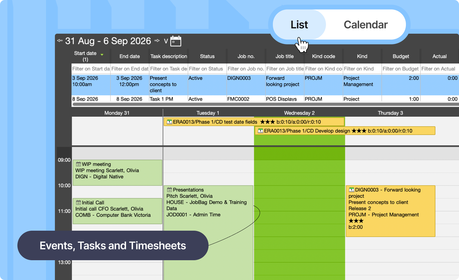 Time Tracking screen in JobBag