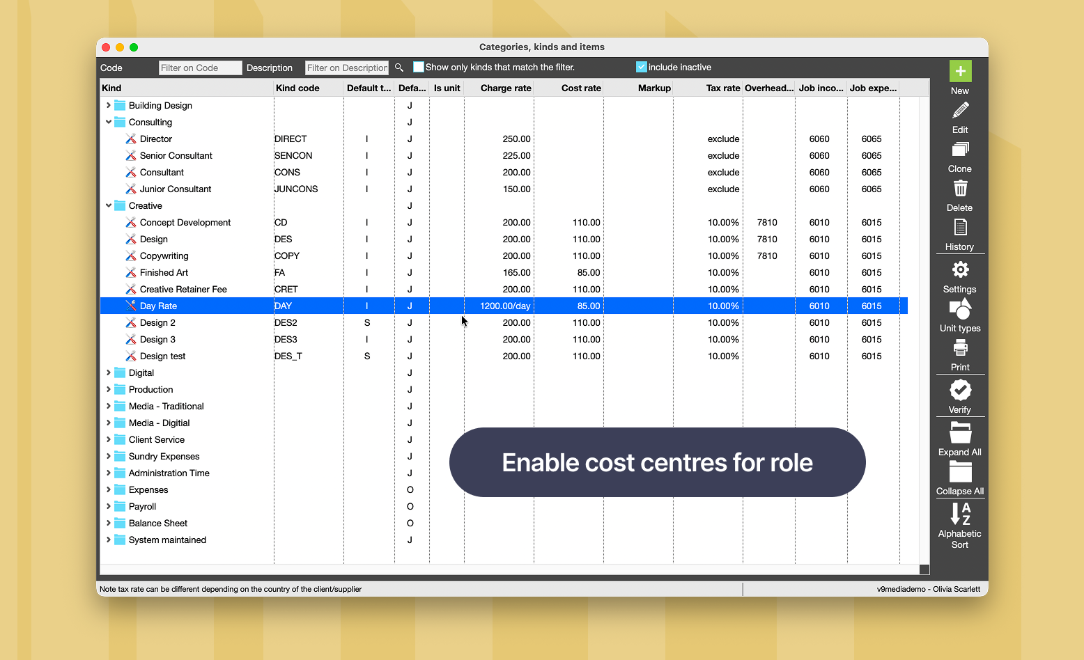 Roles and Rates screen in JobBag